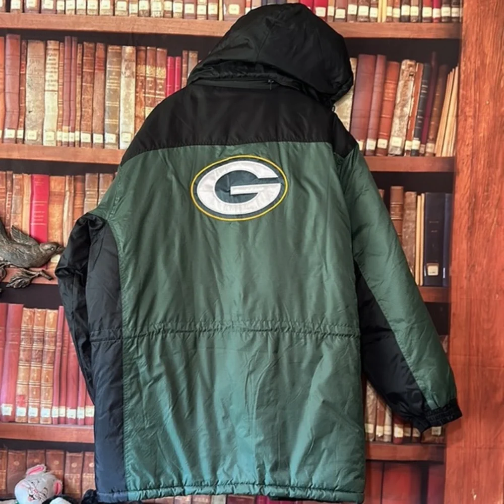 Vintage Green Bay Packers NFL Nylon Puffer Parka Coat Hood Green Football